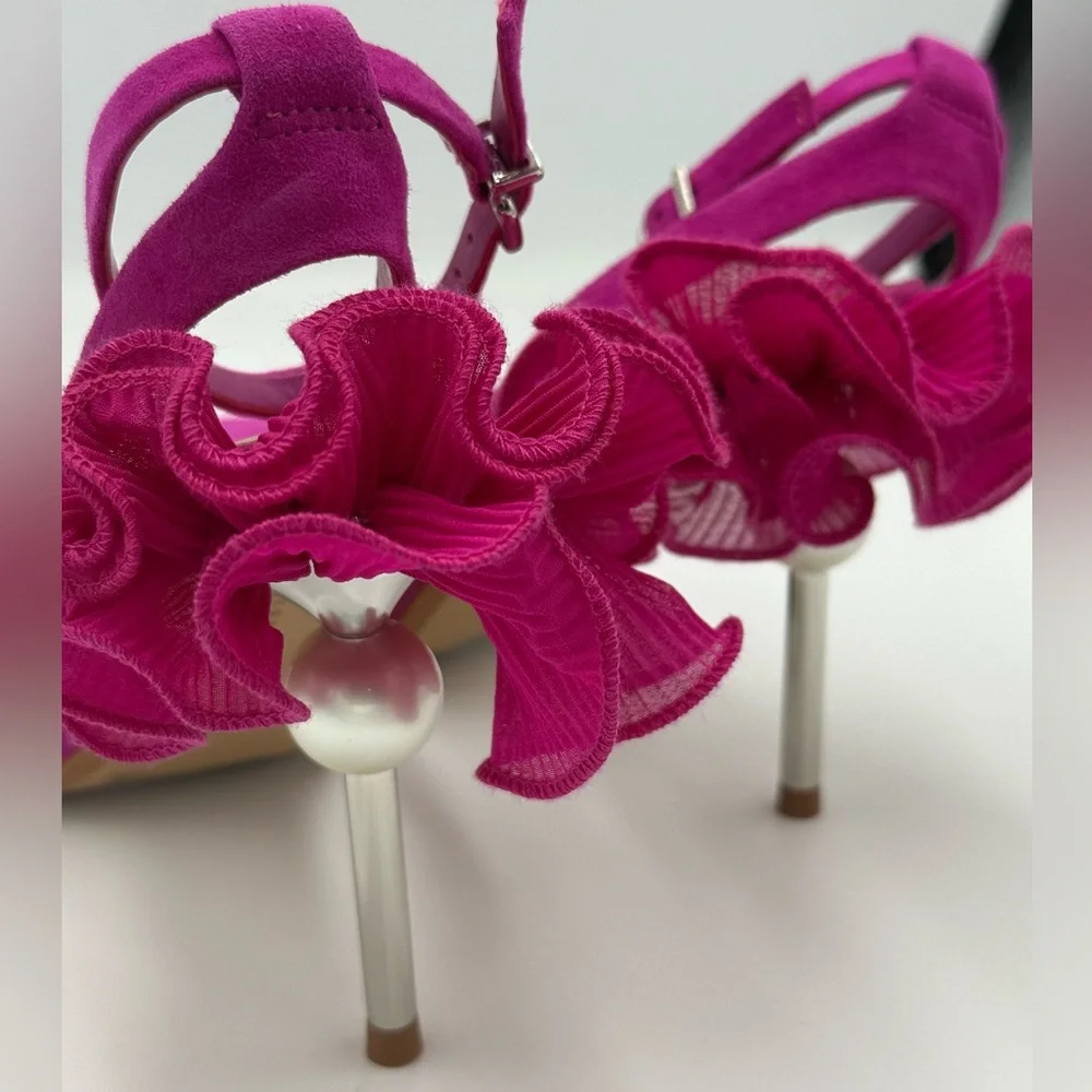 Gianni Bini Suede “Bradley” Fuchsia Ruffle Ankle Strap Heels - Picture 3 of 9